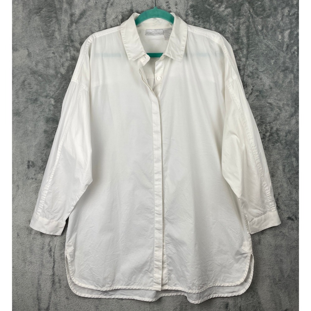 Soft Surroundings Tunic Top Large White Cotton‎ Stretch Button Up Shirt Staple